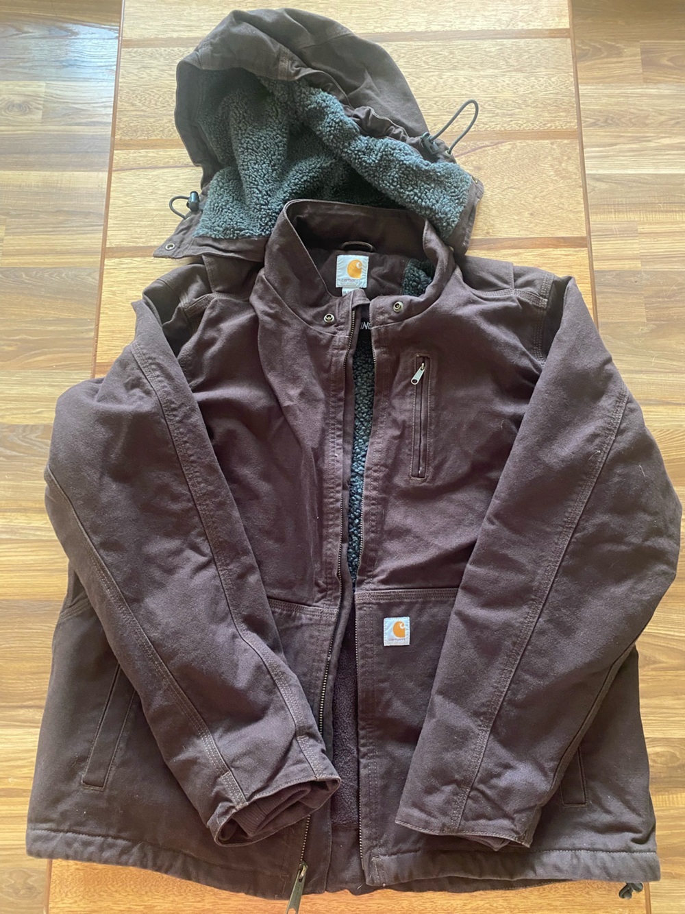 Carhartt Brown Jacket with Yellow Logo and Dark Gray Sherpa